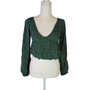 LA Hearts Smocked Crop Long Sleeve Juniors Top Size XS Green Floral V-Neck